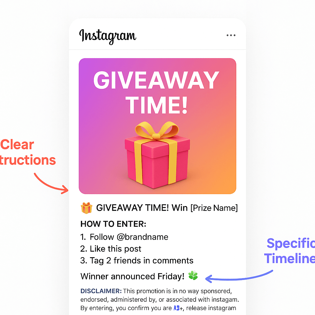 Instagram promotion disclaimer example showing required legal text for giveaway compliance