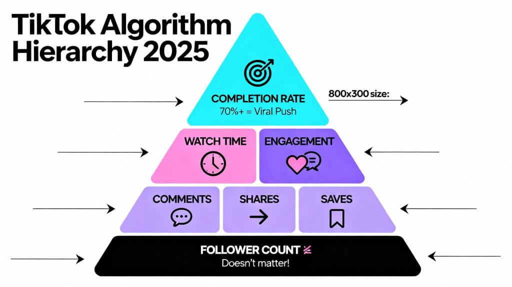 TikTok algorithm hierarchy infographic showing completion rate, watch time, and engagement as key ranking factors for viral giveaways