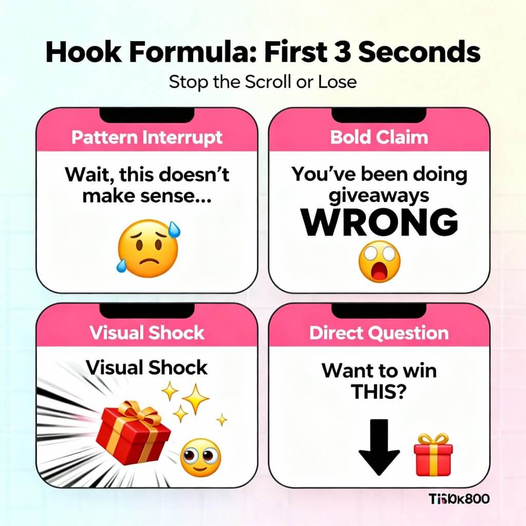 Four examples of effective TikTok video hooks for giveaways showing pattern interrupt, bold claims, visual shock, and direct questions