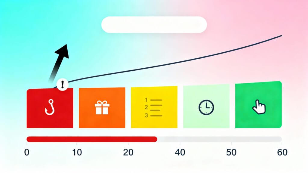 Timeline showing optimal 60-second TikTok giveaway video structure from hook to call-to-action with retention guidance